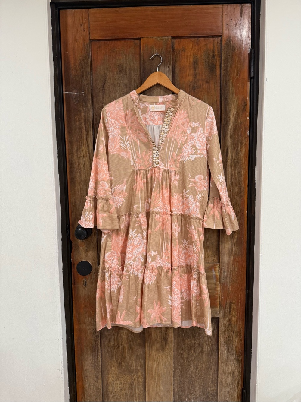 Floral Tiered Mini Dress in Pink and Tan